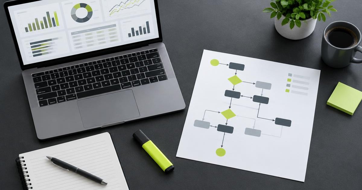 Business dashboards and a process diagram on a desk